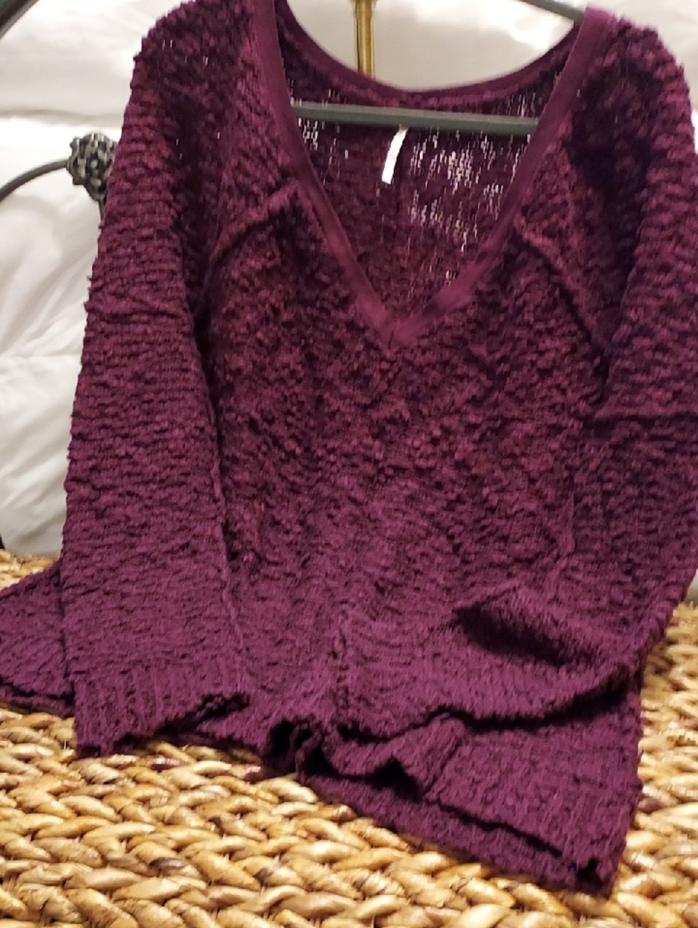 Free People Textured V-Neck Sweater in Plum